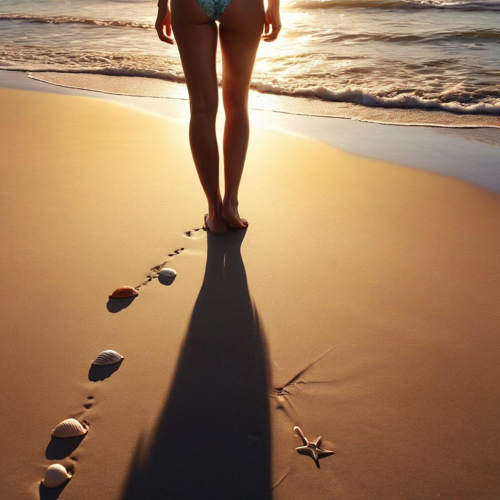 A beautifully melancholic beach scene featuring a silhouette of a woman in a stylish bikini, with rays of sunlight casting soft shadows. Surround her with gentle waves, seashells, and fading footprints in the sand, symbolizing lost memories. Include a pastel sky at sunset enhancing the bittersweet atmosphere. super-realistic. vibrant colors. soft focus.