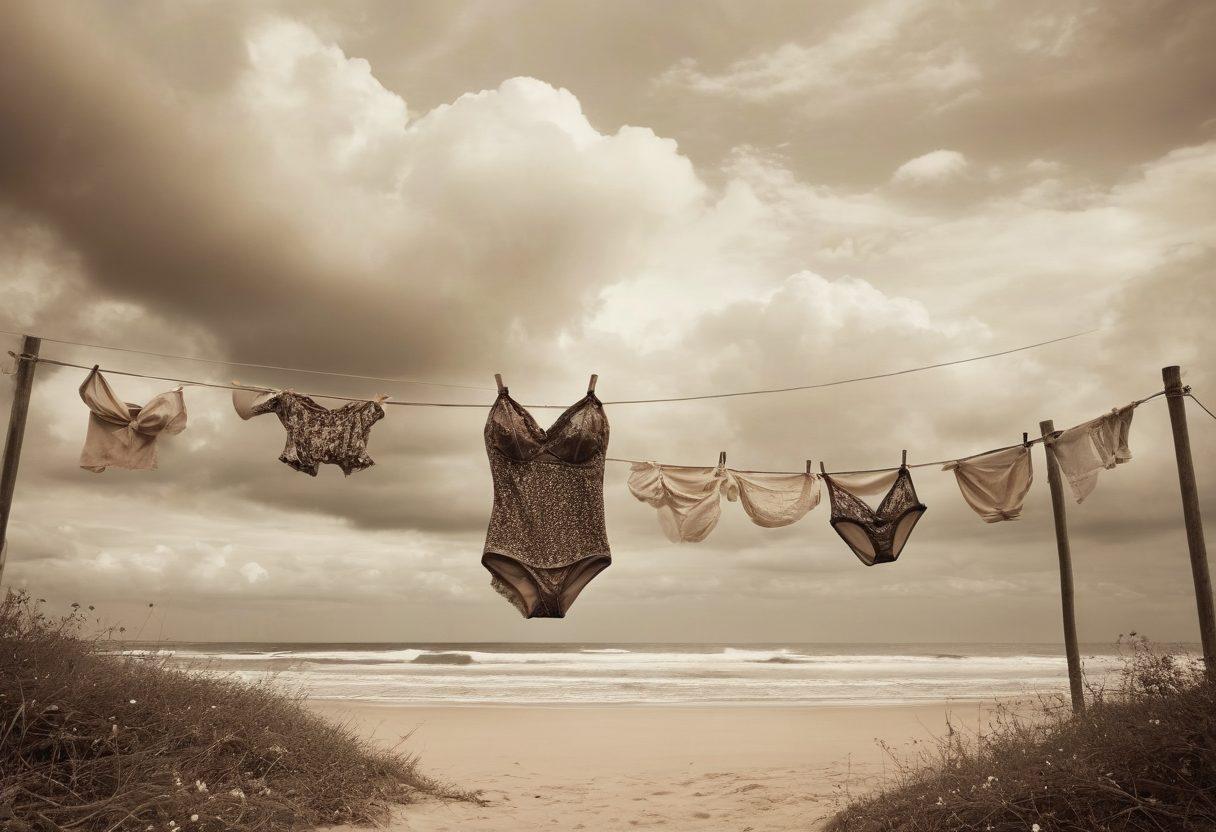 A melancholic beach scene featuring a vintage bikini hanging on a clothesline, subtly swaying in the breeze. Soft, sepia-toned clouds loom overhead, hinting at a storm, while a distant figure reflects on the sand, embodying the emotional connection to the past. Delicate flowers scatter around, intertwining fashion and nature, embodying both sorrow and beauty. vintage photography style. faded colors.